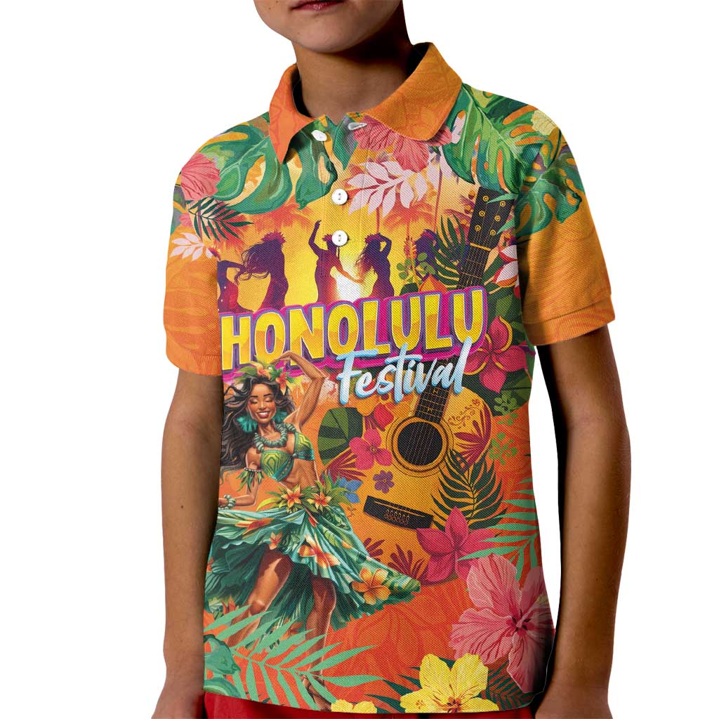 Hawaiian Honolulu Festival Kid Polo Shirt Hawaiian Identity - Hula Dancer and Ukulele Tropical Plants Style LT03 Kid Orange - Polynesian Pride