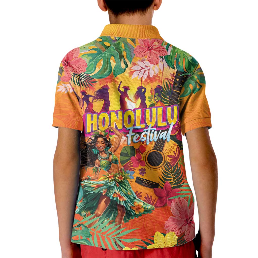Hawaiian Honolulu Festival Kid Polo Shirt Hawaiian Identity - Hula Dancer and Ukulele Tropical Plants Style LT03 - Polynesian Pride