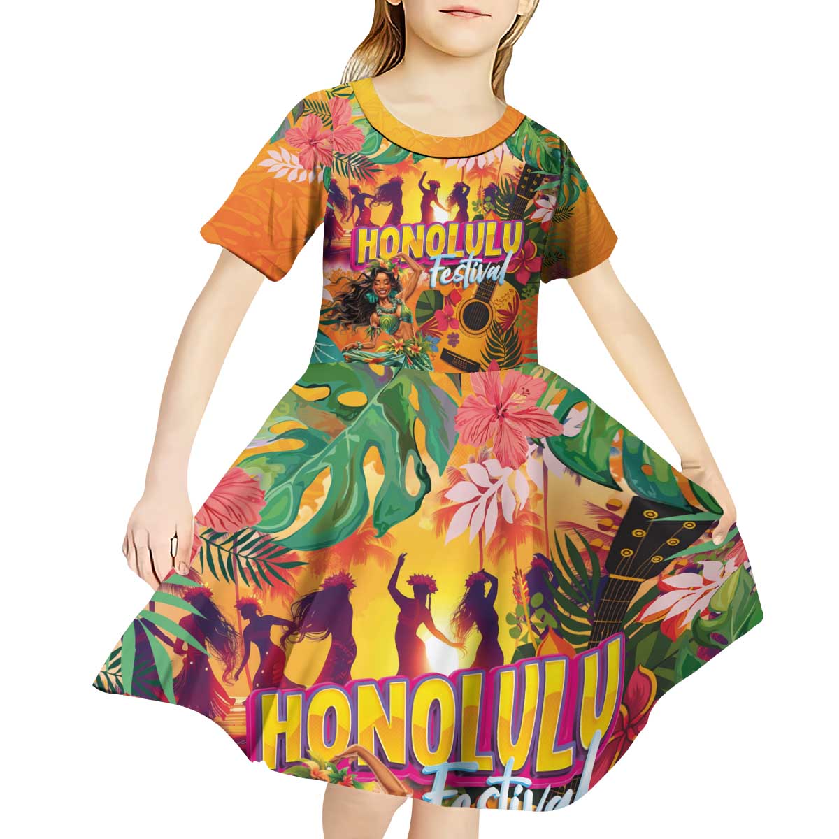 Hawaiian Honolulu Festival Kid Short Sleeve Dress Hawaiian Identity - Hula Dancer and Ukulele Tropical Plants Style LT03 - Polynesian Pride