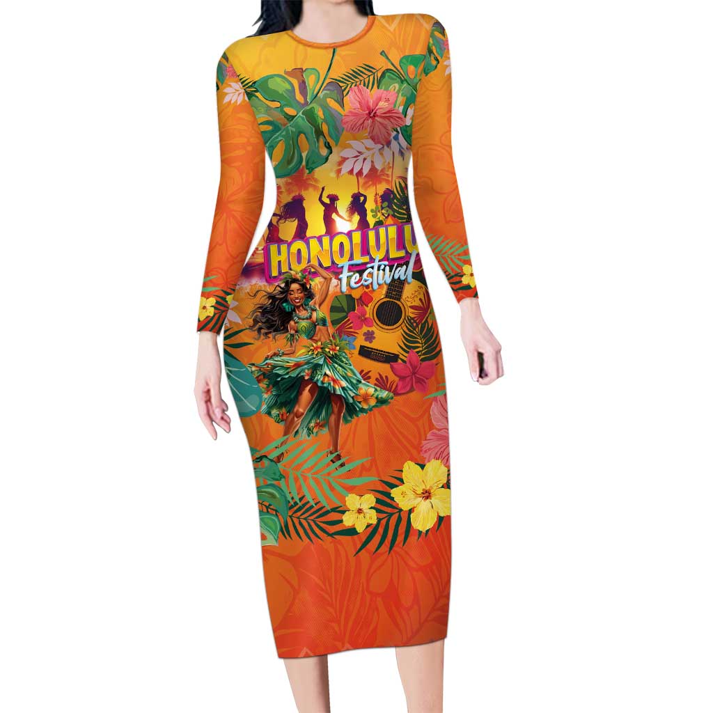 Hawaiian Honolulu Festival Long Sleeve Bodycon Dress Hawaiian Identity - Hula Dancer and Ukulele Tropical Plants Style LT03 Long Dress Orange - Polynesian Pride