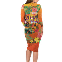 Hawaiian Honolulu Festival Long Sleeve Bodycon Dress Hawaiian Identity - Hula Dancer and Ukulele Tropical Plants Style LT03 - Polynesian Pride