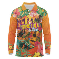 Hawaiian Honolulu Festival Long Sleeve Polo Shirt Hawaiian Identity - Hula Dancer and Ukulele Tropical Plants Style LT03 Orange - Polynesian Pride