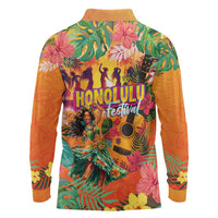 Hawaiian Honolulu Festival Long Sleeve Polo Shirt Hawaiian Identity - Hula Dancer and Ukulele Tropical Plants Style LT03 - Polynesian Pride