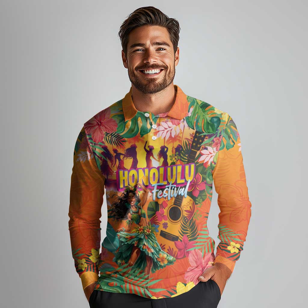 Hawaiian Honolulu Festival Long Sleeve Polo Shirt Hawaiian Identity - Hula Dancer and Ukulele Tropical Plants Style LT03 - Polynesian Pride