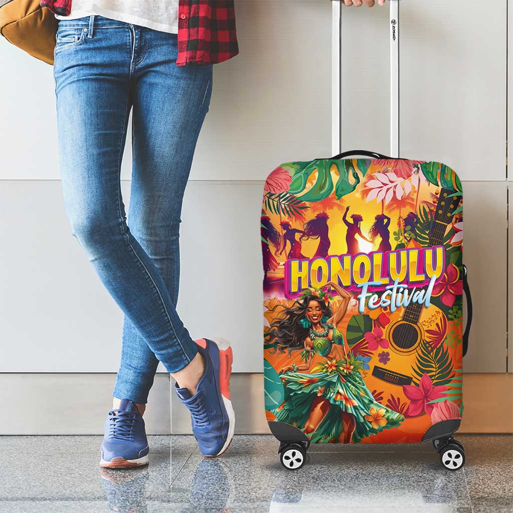 Hawaiian Honolulu Festival Luggage Cover Hawaiian Identity - Hula Dancer and Ukulele Tropical Plants Style LT03 - Polynesian Pride