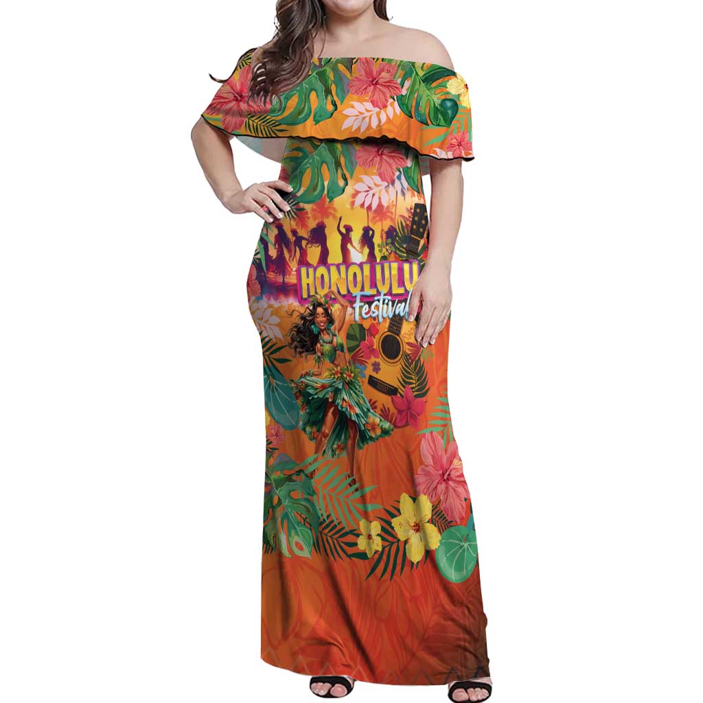 Hawaiian Honolulu Festival Off Shoulder Maxi Dress Hawaiian Identity - Hula Dancer and Ukulele Tropical Plants Style LT03 Women Orange - Polynesian Pride