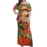 Hawaiian Honolulu Festival Off Shoulder Maxi Dress Hawaiian Identity - Hula Dancer and Ukulele Tropical Plants Style LT03 Women Orange - Polynesian Pride