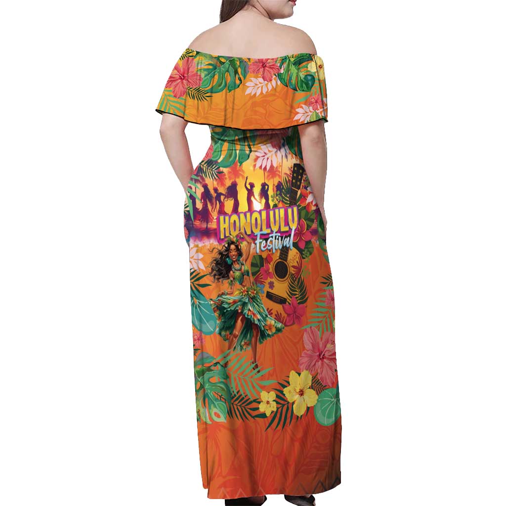 Hawaiian Honolulu Festival Off Shoulder Maxi Dress Hawaiian Identity - Hula Dancer and Ukulele Tropical Plants Style LT03 - Polynesian Pride