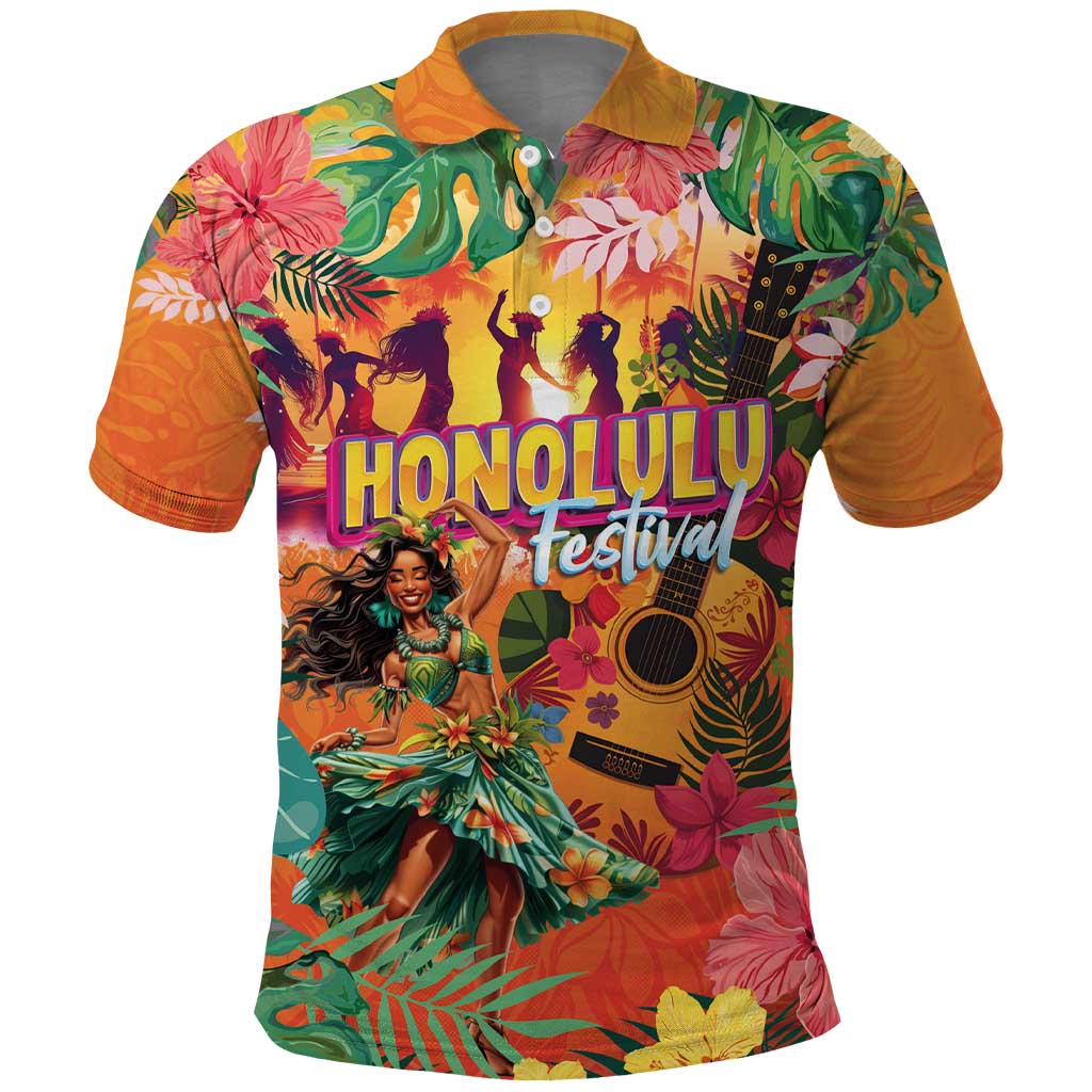Hawaiian Honolulu Festival Polo Shirt Hawaiian Identity - Hula Dancer and Ukulele Tropical Plants Style LT03 Orange - Polynesian Pride