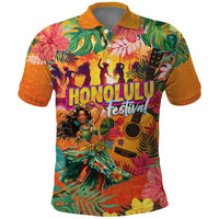 Hawaiian Honolulu Festival Polo Shirt Hawaiian Identity - Hula Dancer and Ukulele Tropical Plants Style LT03 Orange - Polynesian Pride