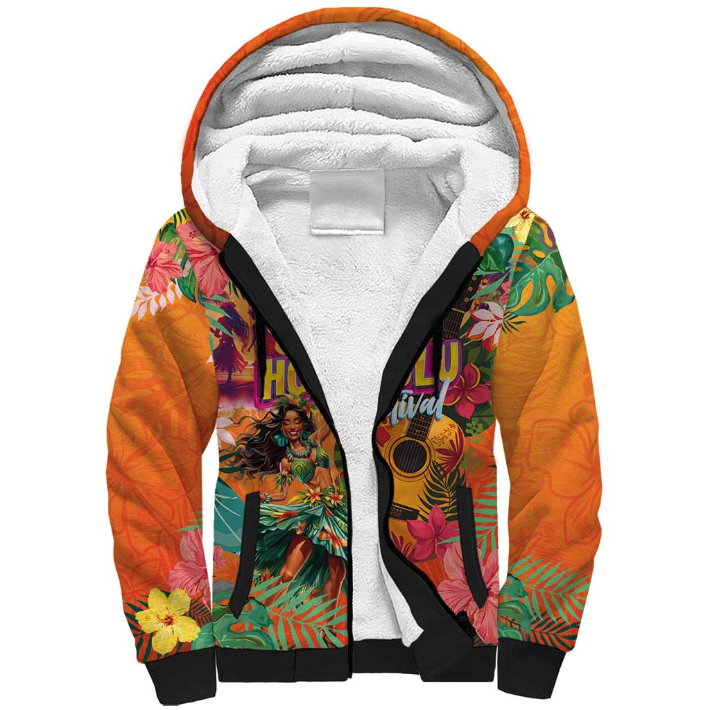 Hawaiian Honolulu Festival Sherpa Hoodie Hawaiian Identity - Hula Dancer and Ukulele Tropical Plants Style LT03 Unisex Orange - Polynesian Pride