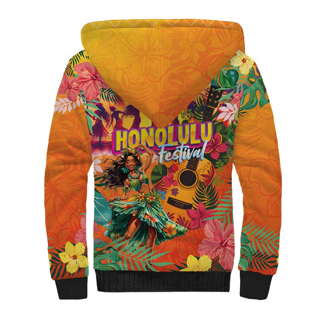 Hawaiian Honolulu Festival Sherpa Hoodie Hawaiian Identity - Hula Dancer and Ukulele Tropical Plants Style LT03 - Polynesian Pride