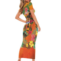 Hawaiian Honolulu Festival Short Sleeve Bodycon Dress Hawaiian Identity - Hula Dancer and Ukulele Tropical Plants Style LT03 - Polynesian Pride
