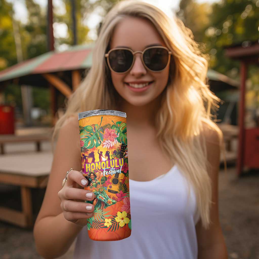 Hawaiian Honolulu Festival Skinny Tumbler Hawaiian Identity - Hula Dancer and Ukulele Tropical Plants Style LT03 - Polynesian Pride