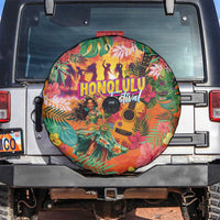 Hawaiian Honolulu Festival Spare Tire Cover Hawaiian Identity - Hula Dancer and Ukulele Tropical Plants Style LT03 Orange - Polynesian Pride