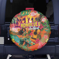 Hawaiian Honolulu Festival Spare Tire Cover Hawaiian Identity - Hula Dancer and Ukulele Tropical Plants Style LT03 No hole Orange - Polynesian Pride
