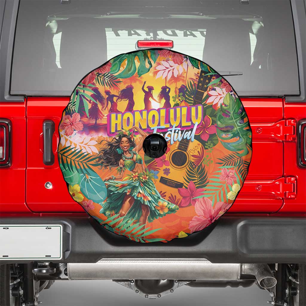 Hawaiian Honolulu Festival Spare Tire Cover Hawaiian Identity - Hula Dancer and Ukulele Tropical Plants Style LT03 - Polynesian Pride