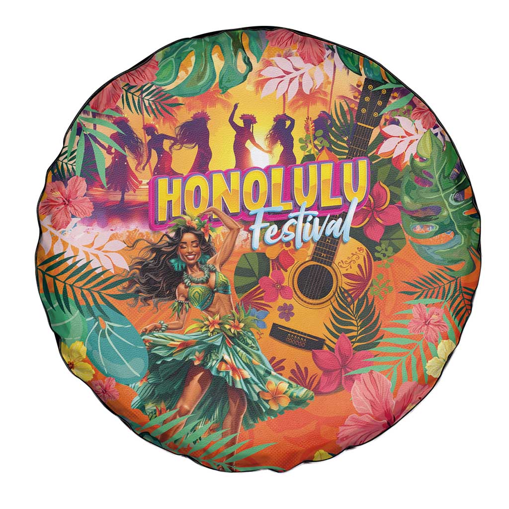 Hawaiian Honolulu Festival Spare Tire Cover Hawaiian Identity - Hula Dancer and Ukulele Tropical Plants Style LT03 - Polynesian Pride
