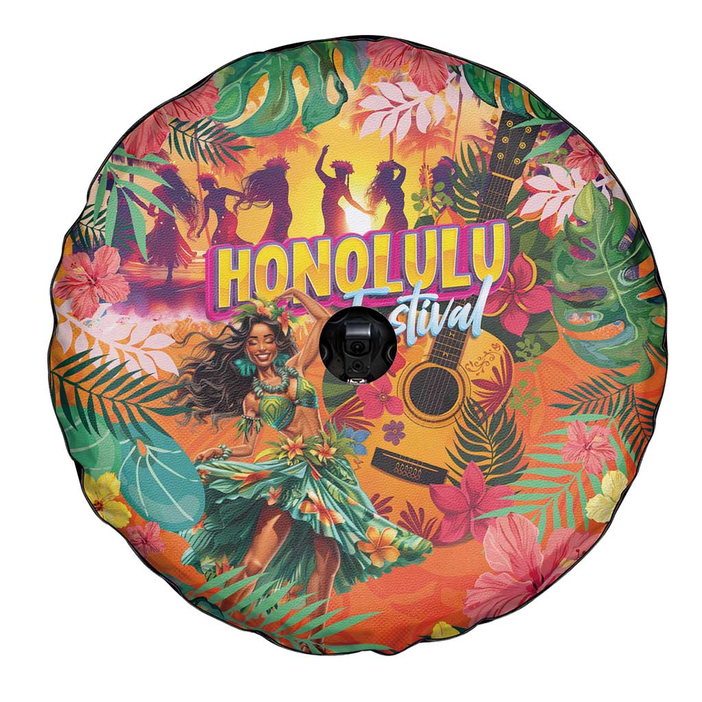 Hawaiian Honolulu Festival Spare Tire Cover Hawaiian Identity - Hula Dancer and Ukulele Tropical Plants Style LT03 - Polynesian Pride
