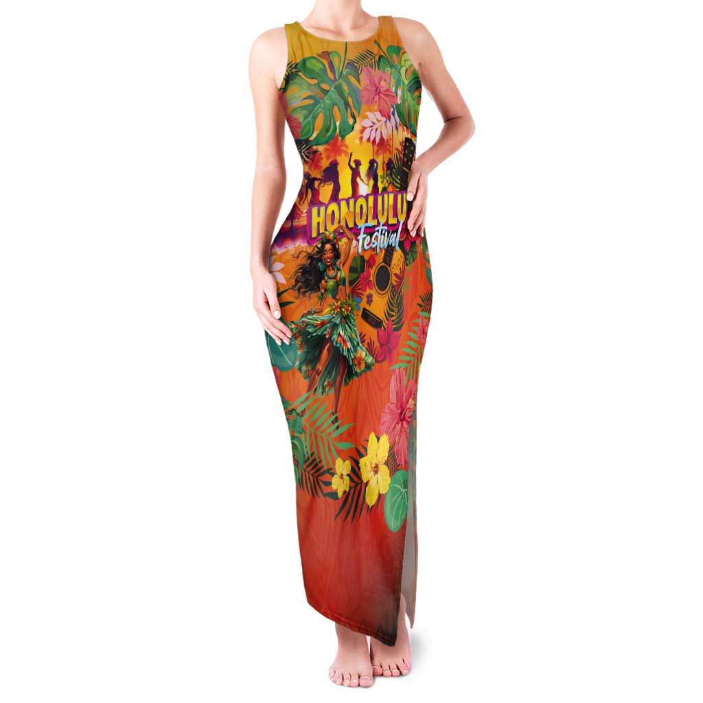 Hawaiian Honolulu Festival Tank Maxi Dress Hawaiian Identity - Hula Dancer and Ukulele Tropical Plants Style LT03 Women Orange - Polynesian Pride