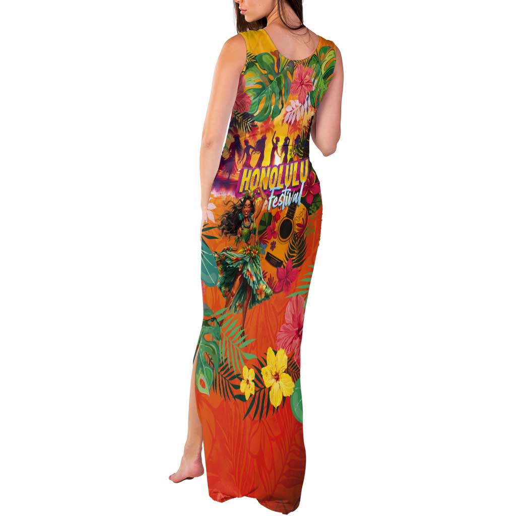 Hawaiian Honolulu Festival Tank Maxi Dress Hawaiian Identity - Hula Dancer and Ukulele Tropical Plants Style LT03 - Polynesian Pride