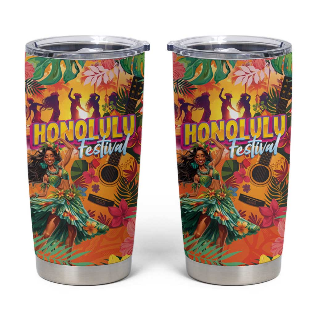 Hawaiian Honolulu Festival Tumbler Cup Hawaiian Identity - Hula Dancer and Ukulele Tropical Plants Style LT03 Orange - Polynesian Pride