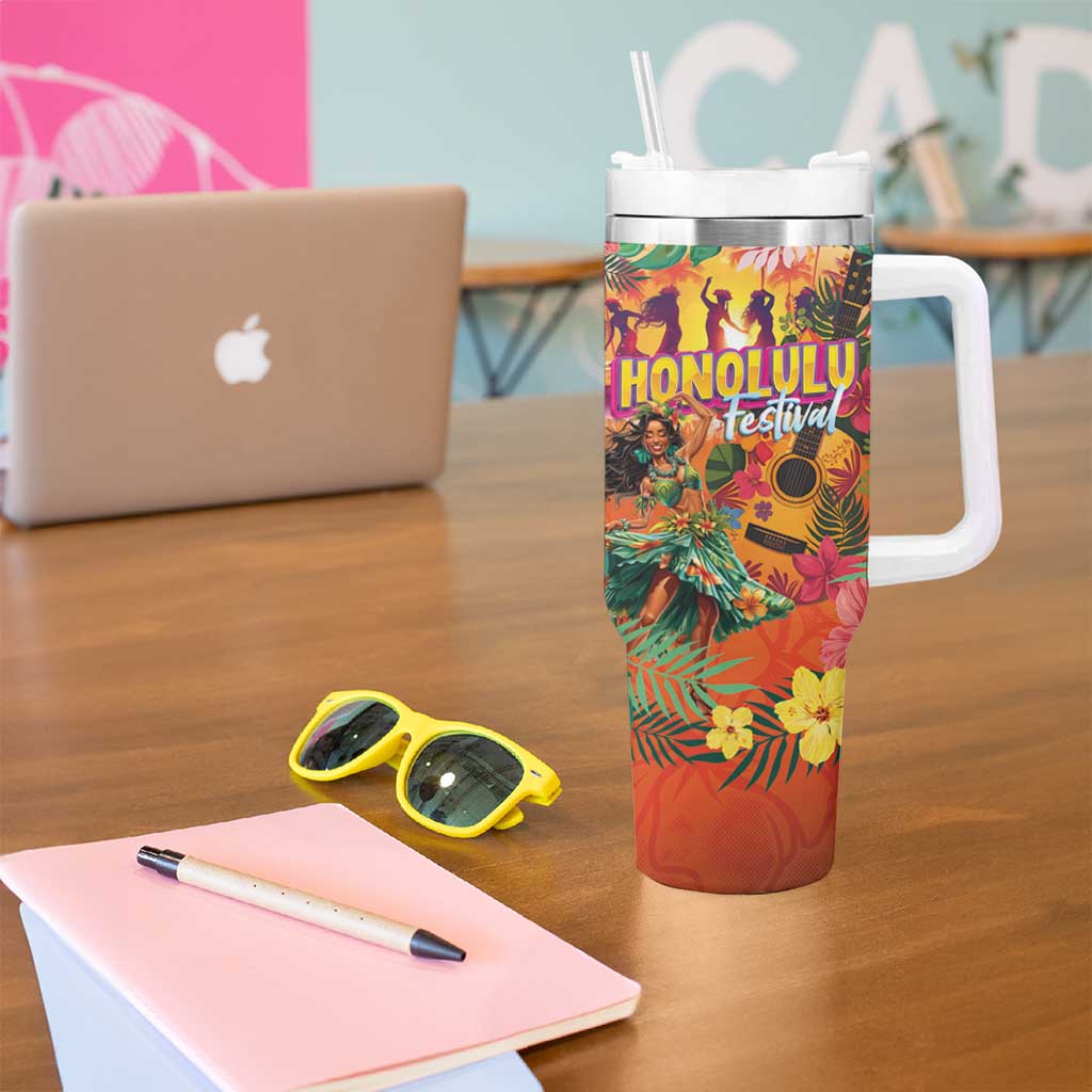Hawaiian Honolulu Festival Tumbler With Handle Hawaiian Identity - Hula Dancer and Ukulele Tropical Plants Style