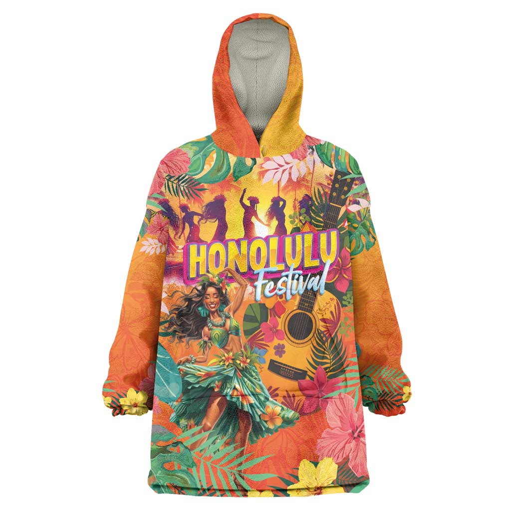 Hawaiian Honolulu Festival Wearable Blanket Hoodie Hawaiian Identity - Hula Dancer and Ukulele Tropical Plants Style LT03 One Size Orange - Polynesian Pride