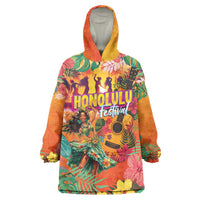Hawaiian Honolulu Festival Wearable Blanket Hoodie Hawaiian Identity - Hula Dancer and Ukulele Tropical Plants Style LT03 One Size Orange - Polynesian Pride