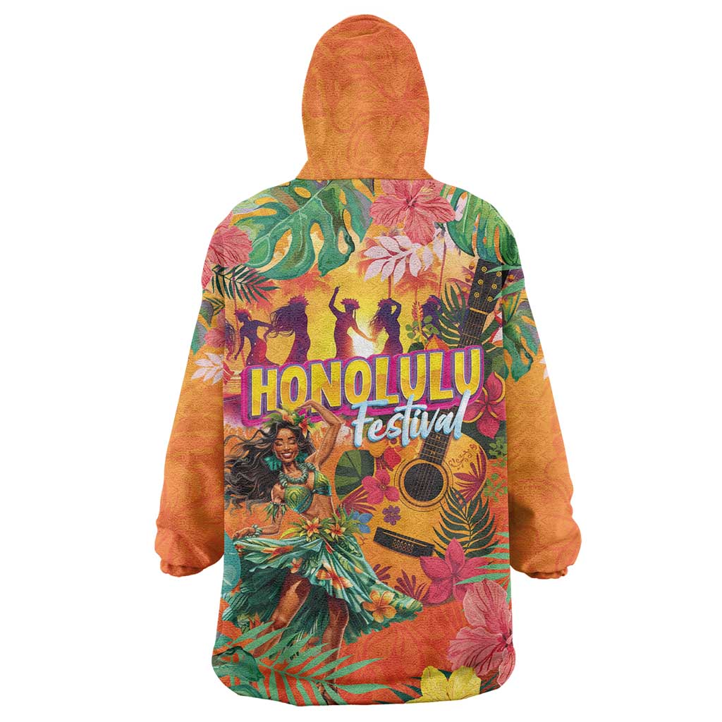 Hawaiian Honolulu Festival Wearable Blanket Hoodie Hawaiian Identity - Hula Dancer and Ukulele Tropical Plants Style LT03 - Polynesian Pride