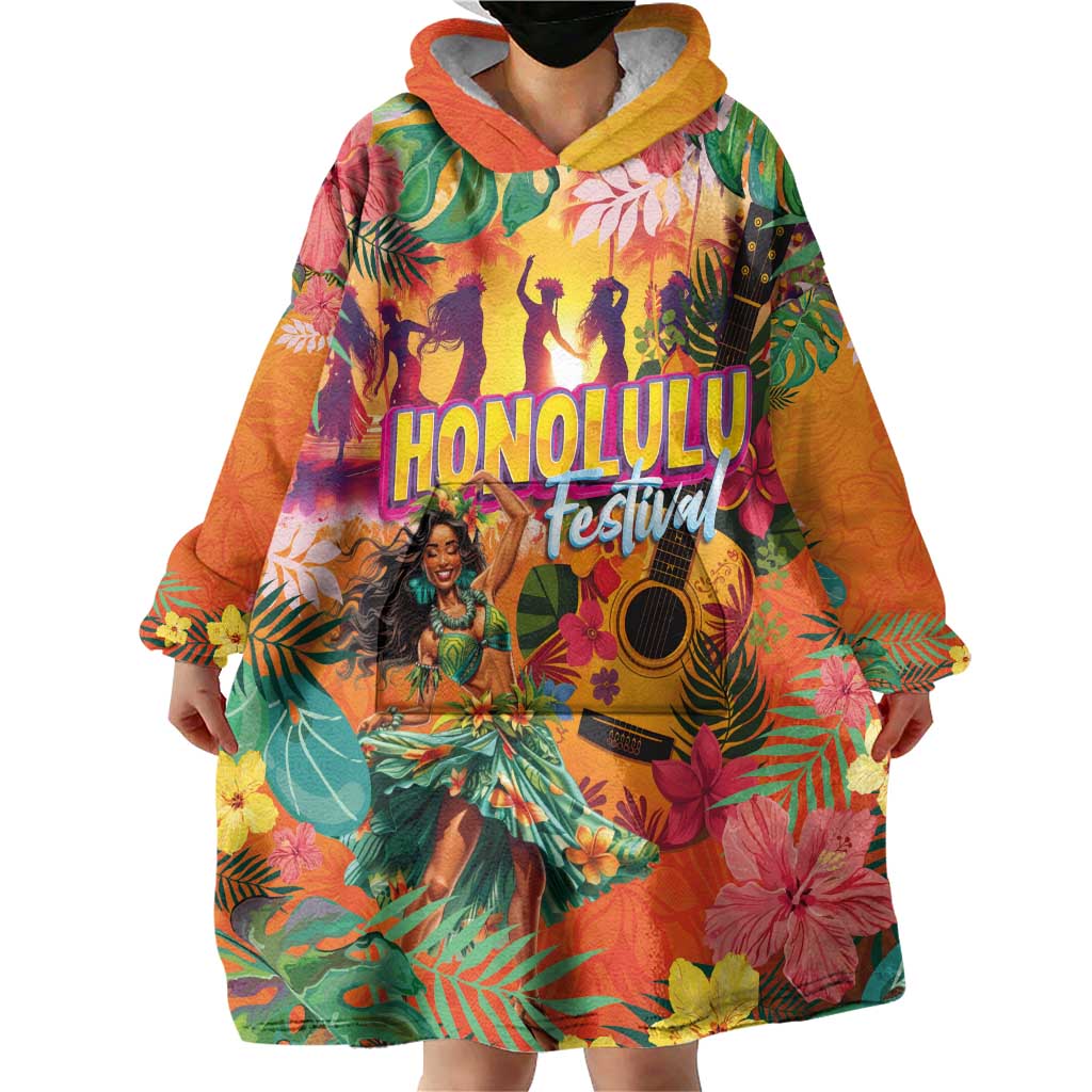 Hawaiian Honolulu Festival Wearable Blanket Hoodie Hawaiian Identity - Hula Dancer and Ukulele Tropical Plants Style LT03 - Polynesian Pride