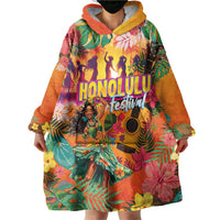 Hawaiian Honolulu Festival Wearable Blanket Hoodie Hawaiian Identity - Hula Dancer and Ukulele Tropical Plants Style LT03 - Polynesian Pride