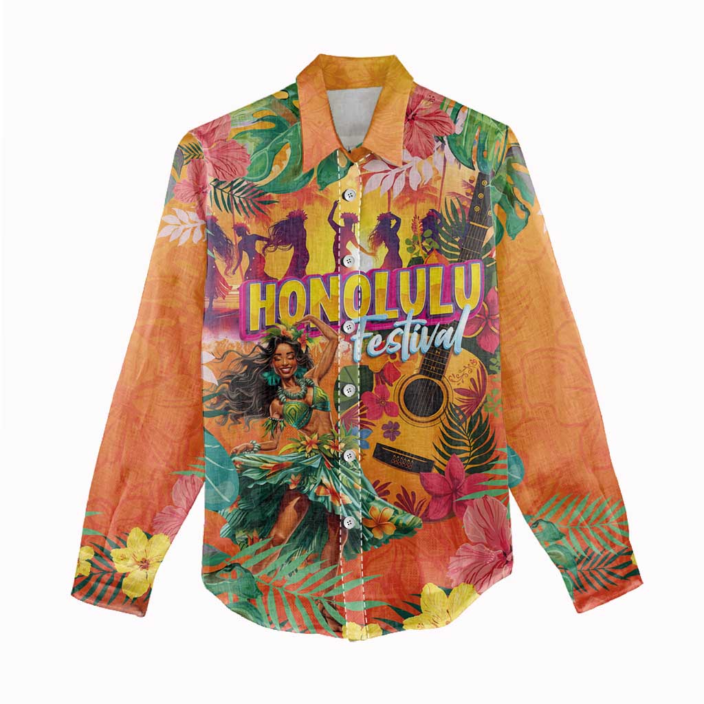 Hawaiian Honolulu Festival Women Casual Shirt Hawaiian Identity - Hula Dancer and Ukulele Tropical Plants Style LT03 - Polynesian Pride