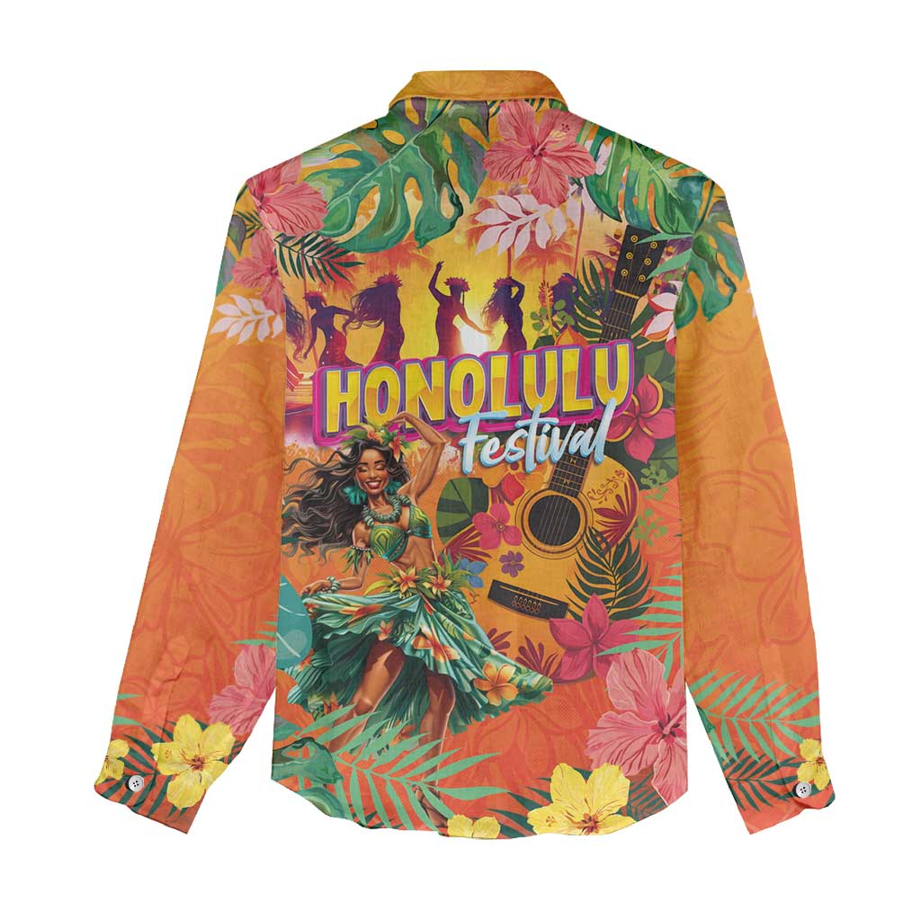 Hawaiian Honolulu Festival Women Casual Shirt Hawaiian Identity - Hula Dancer and Ukulele Tropical Plants Style LT03 - Polynesian Pride