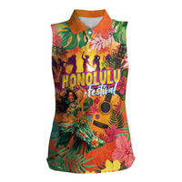 Hawaiian Honolulu Festival Women Sleeveless Polo Shirt Hawaiian Identity - Hula Dancer and Ukulele Tropical Plants Style LT03 Female Orange - Polynesian Pride