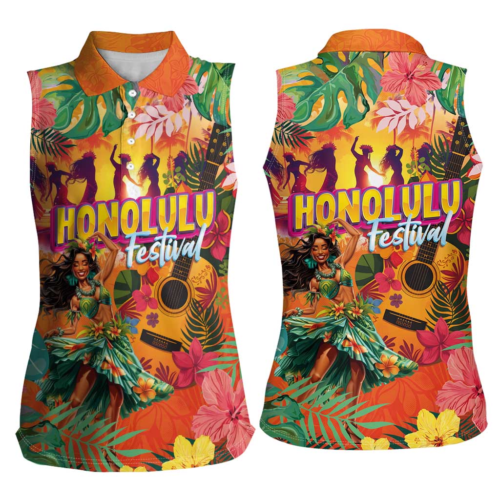 Hawaiian Honolulu Festival Women Sleeveless Polo Shirt Hawaiian Identity - Hula Dancer and Ukulele Tropical Plants Style LT03 - Polynesian Pride