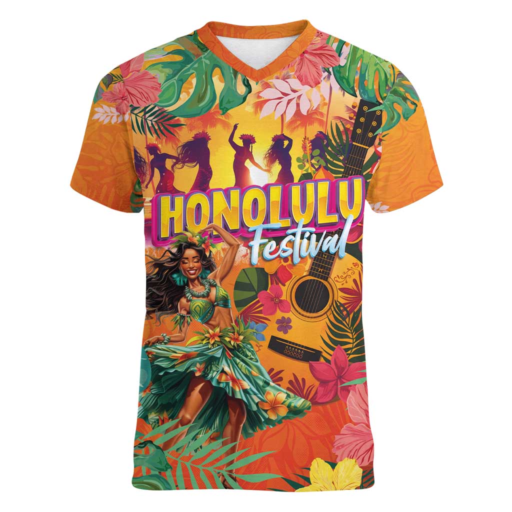 Hawaiian Honolulu Festival Women V-Neck T-Shirt Hawaiian Identity - Hula Dancer and Ukulele Tropical Plants Style LT03 Female Orange - Polynesian Pride