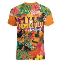 Hawaiian Honolulu Festival Women V-Neck T-Shirt Hawaiian Identity - Hula Dancer and Ukulele Tropical Plants Style LT03 - Polynesian Pride