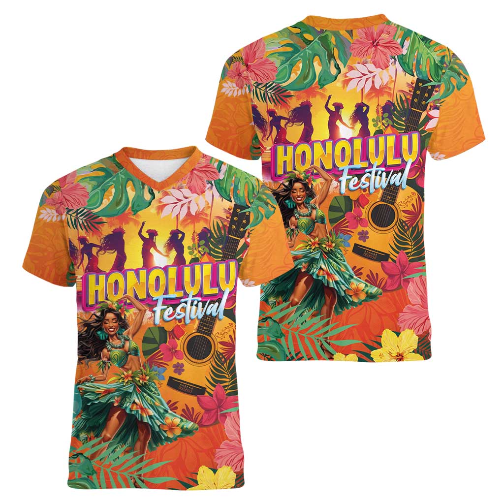 Hawaiian Honolulu Festival Women V-Neck T-Shirt Hawaiian Identity - Hula Dancer and Ukulele Tropical Plants Style LT03 - Polynesian Pride