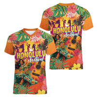Hawaiian Honolulu Festival Women V-Neck T-Shirt Hawaiian Identity - Hula Dancer and Ukulele Tropical Plants Style LT03 - Polynesian Pride