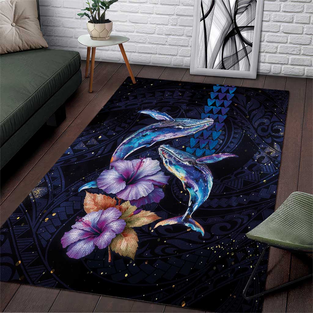 Hawaiian Whales Love Couple Area Rug Hibiscus and Kakau Art Tattoo Night Sky Vibe LT03 Navy - Polynesian Pride
