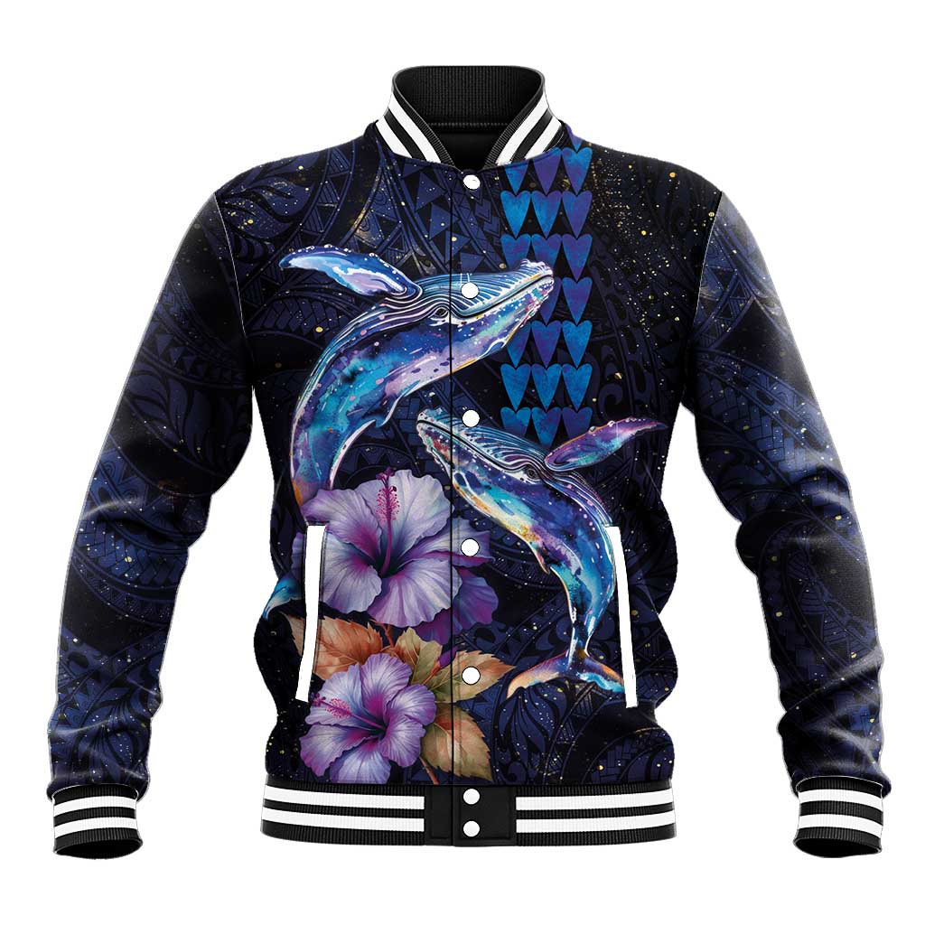 Hawaiian Whales Love Couple Baseball Jacket Hibiscus and Kakau Art Tattoo Night Sky Vibe LT03 Unisex Navy - Polynesian Pride