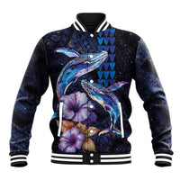 Hawaiian Whales Love Couple Baseball Jacket Hibiscus and Kakau Art Tattoo Night Sky Vibe LT03 Unisex Navy - Polynesian Pride