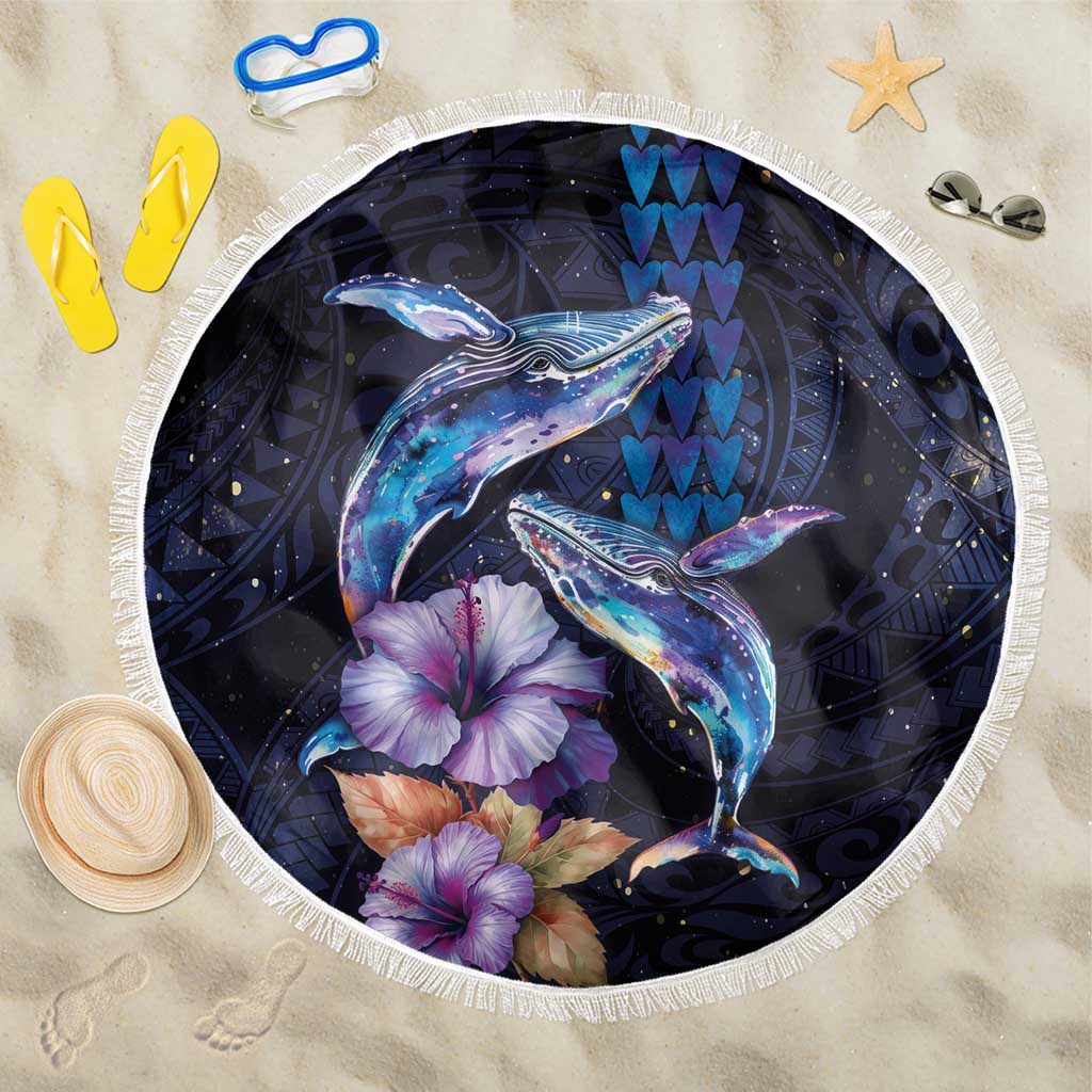 Hawaiian Whales Love Couple Beach Blanket Hibiscus and Kakau Art Tattoo Night Sky Vibe LT03 One Size 150cm Navy - Polynesian Pride