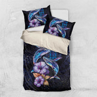 Hawaiian Whales Love Couple Bedding Set Hibiscus and Kakau Art Tattoo Night Sky Vibe LT03 US Twin 172cm x 218cm Navy - Polynesian Pride