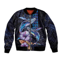 Hawaiian Whales Love Couple Bomber Jacket Hibiscus and Kakau Art Tattoo Night Sky Vibe LT03 Unisex Navy - Polynesian Pride