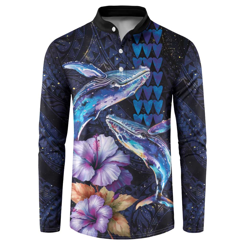 Hawaiian Whales Love Couple Button Sweatshirt Hibiscus and Kakau Art Tattoo Night Sky Vibe LT03 Navy - Polynesian Pride