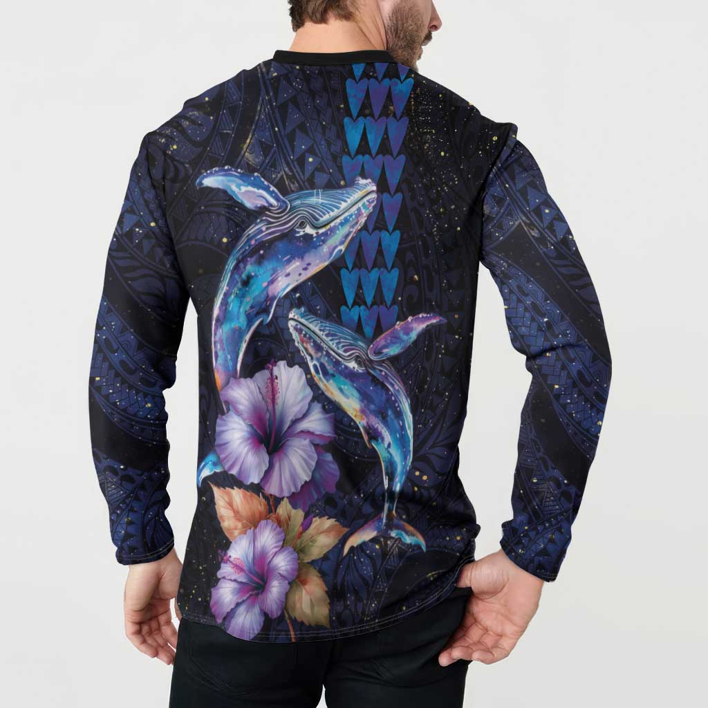 Hawaiian Whales Love Couple Button Sweatshirt Hibiscus and Kakau Art Tattoo Night Sky Vibe LT03 - Polynesian Pride