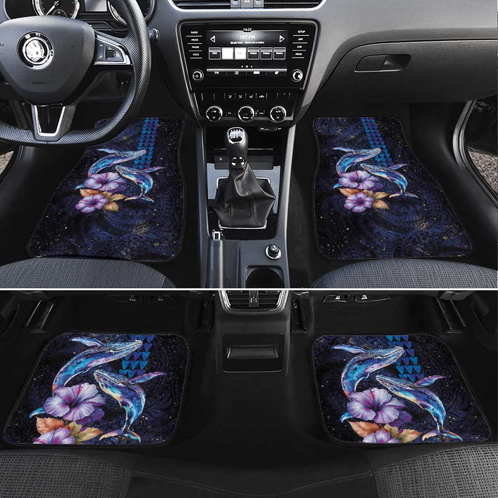 Hawaiian Whales Love Couple Car Mats Hibiscus and Kakau Art Tattoo Night Sky Vibe LT03 Set 4pcs Navy - Polynesian Pride