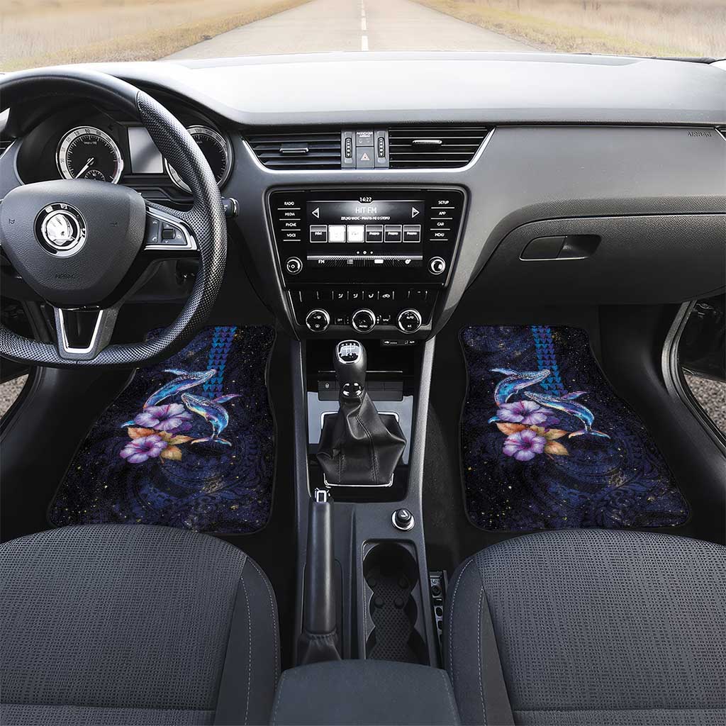Hawaiian Whales Love Couple Car Mats Hibiscus and Kakau Art Tattoo Night Sky Vibe LT03 Set 2pcs - Front Navy - Polynesian Pride